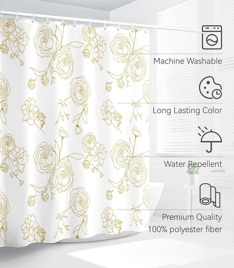 Stanoha Shower Curtain for Bathroom Stall Boho Modern Cute Aesthetic Decorative Girly Waterproof Unique White and Gold Rose Girls Flower Design Teen Pretty Women Cortinas de Baño Bathtub 72 x72 Inch - Image 3